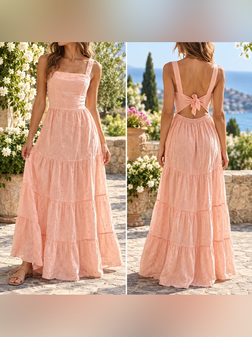 TBETELGEUSE Blush Peach-Pink Eyelet Open Back Tiered Maxi Dress S/M